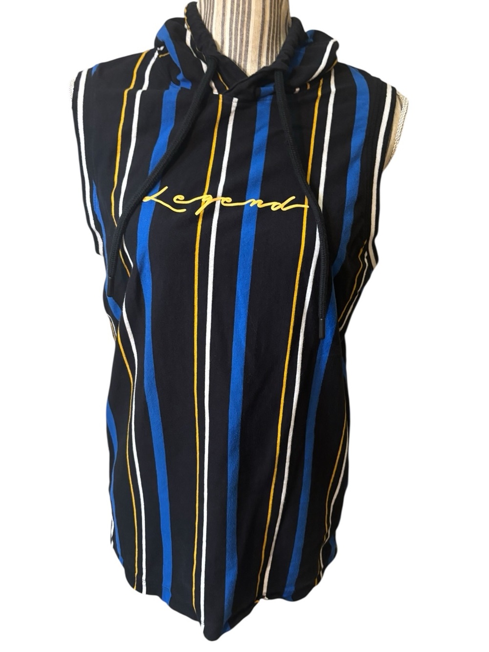 Vox Populi Hoodie Tank Large Legend Sleeveless Striped Top Black Blue Yellow 90s